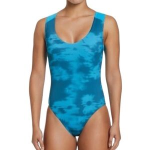 NIKE SWIM New Blue Floral Fade One piece Swimsuit Bathing Suit Keyhole Large